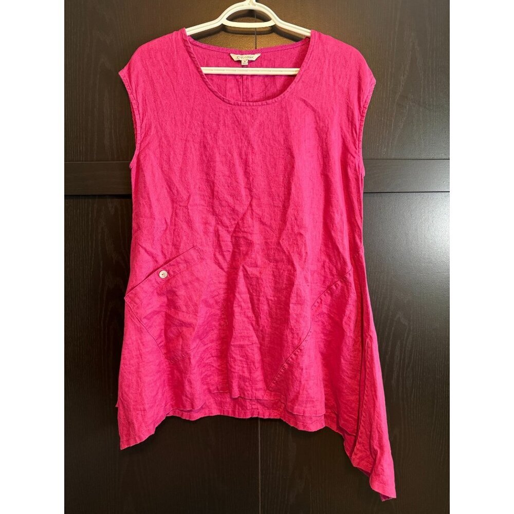 John Mark 100% Linen Pullover Fuchsia Blouse Small Sleeveless Asymmetrical Hem